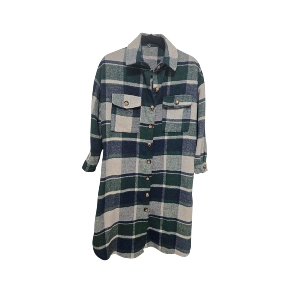 Plaid Flannel Shacket Jacket Oversized Button Up Blue Green XS Women's Grunge - Picture 9 of 10